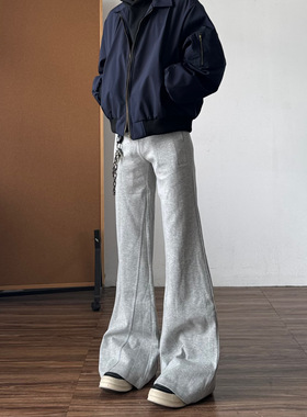 qtstudio灰色微喇卫裤男美式低腰喇叭直筒修身加绒加厚裤子女秋冬