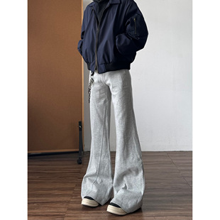 加绒加厚裤 低腰喇叭直筒修身 子女秋冬 男美式 qtstudio灰色微喇卫裤