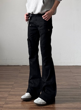 黑色vibe微喇牛仔裤男美式复古高街窄版显瘦直筒修身褶皱裤子冬季