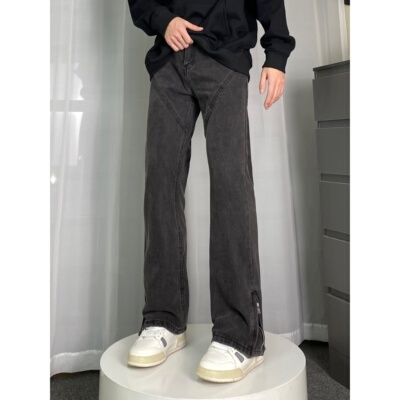 qtstudio烟灰色开叉牛仔裤男潮cleanfit美式高街直筒微喇裤子秋季