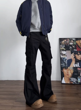 美式黑色微喇工装裤男cleanfit高街直筒阔腿喇叭裤子加长西裤秋季