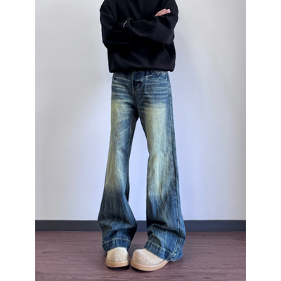 美式复古猫须水洗微喇牛仔裤男