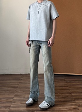 蓝色美式直筒微喇牛仔裤男cleanfit修身显瘦高街喇叭vibe裤子长裤