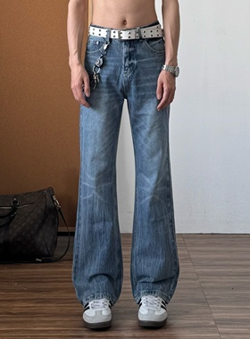 qt studio水洗蓝色直筒牛仔裤男女2025新款美式高街宽松裤子长裤