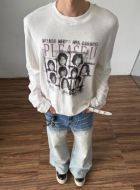 美式复古人像印花弯刀长袖T恤男宽松高街打底上衣轻薄罩衫女秋季
