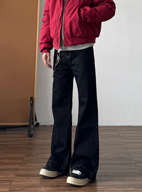 美式复古脱浆原牛微喇牛仔裤男cleanfit直筒显瘦长裤黑色裤子秋冬