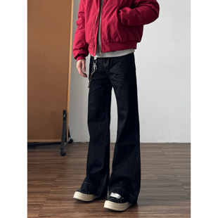 美式复古脱浆原牛微喇牛仔裤男cleanfit直筒显瘦长裤黑色裤子秋冬