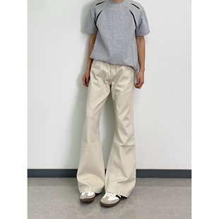 子 复古直筒微喇休闲裤 杏色可调节腰带弯刀牛仔裤 男女cleanfit美式