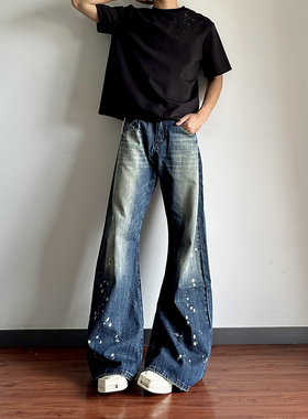 蓝色泼墨弯刀微喇牛仔裤男cleanfit美式高街宽松阔腿喇叭裤子冬季