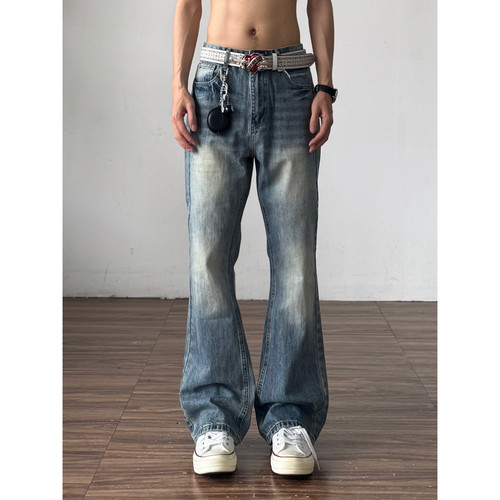 QTstudio 闪电纹微喇牛仔裤男美式高街长裤水洗直筒cleanfit裤子