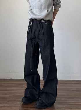 剑道双褶13盎司固色A字原牛蓝色牛仔裤男美式宽松直筒微喇裤子女