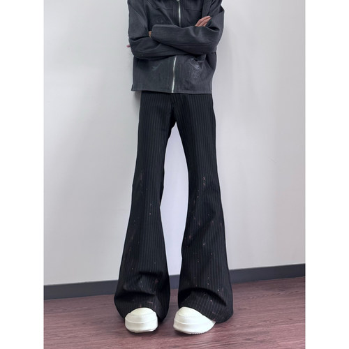 yingzq黑色竖条纹直筒微喇西裤男cleanfit高级感休闲修身西装裤子