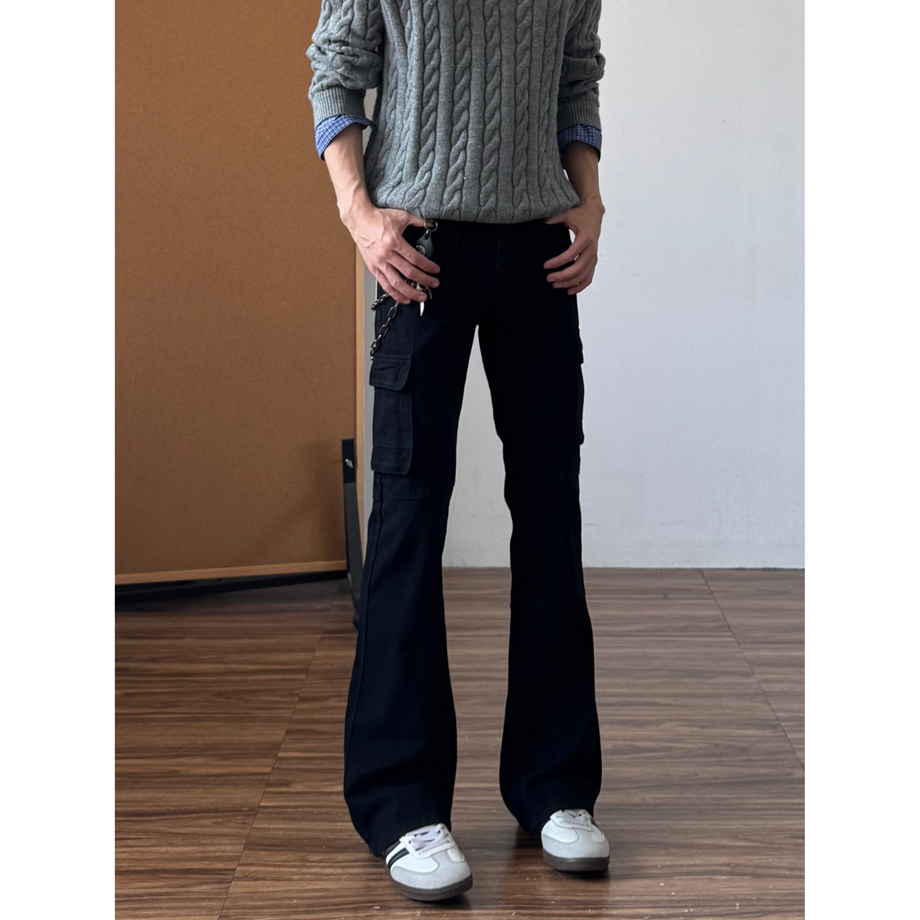 黑色微喇工装裤男高街vibe直筒修身美式cleanfit提档窄版裤子秋冬