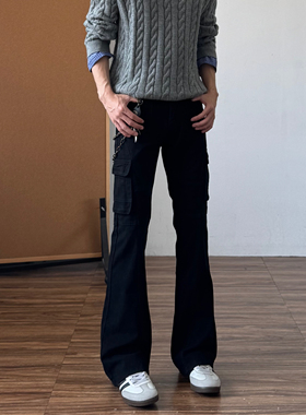 黑色微喇工装裤男高街vibe直筒修身美式cleanfit提档窄版裤子秋冬