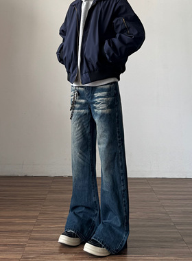 美式复古深蓝色水洗微喇牛仔裤男cleanfit直筒猫须修身喇叭裤子女
