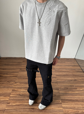 夏季刺绣灰色短袖t恤男女潮牌cleanfit美式高街重磅情侣修身上衣