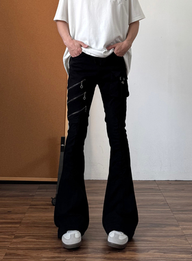 qtstudio黑色褶皱微喇牛仔裤男美式高街vibe设计感修身喇叭裤子