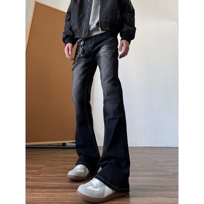 qtstudio黑色渐变直筒微喇牛仔裤男美式复古2025新款喇叭裤子