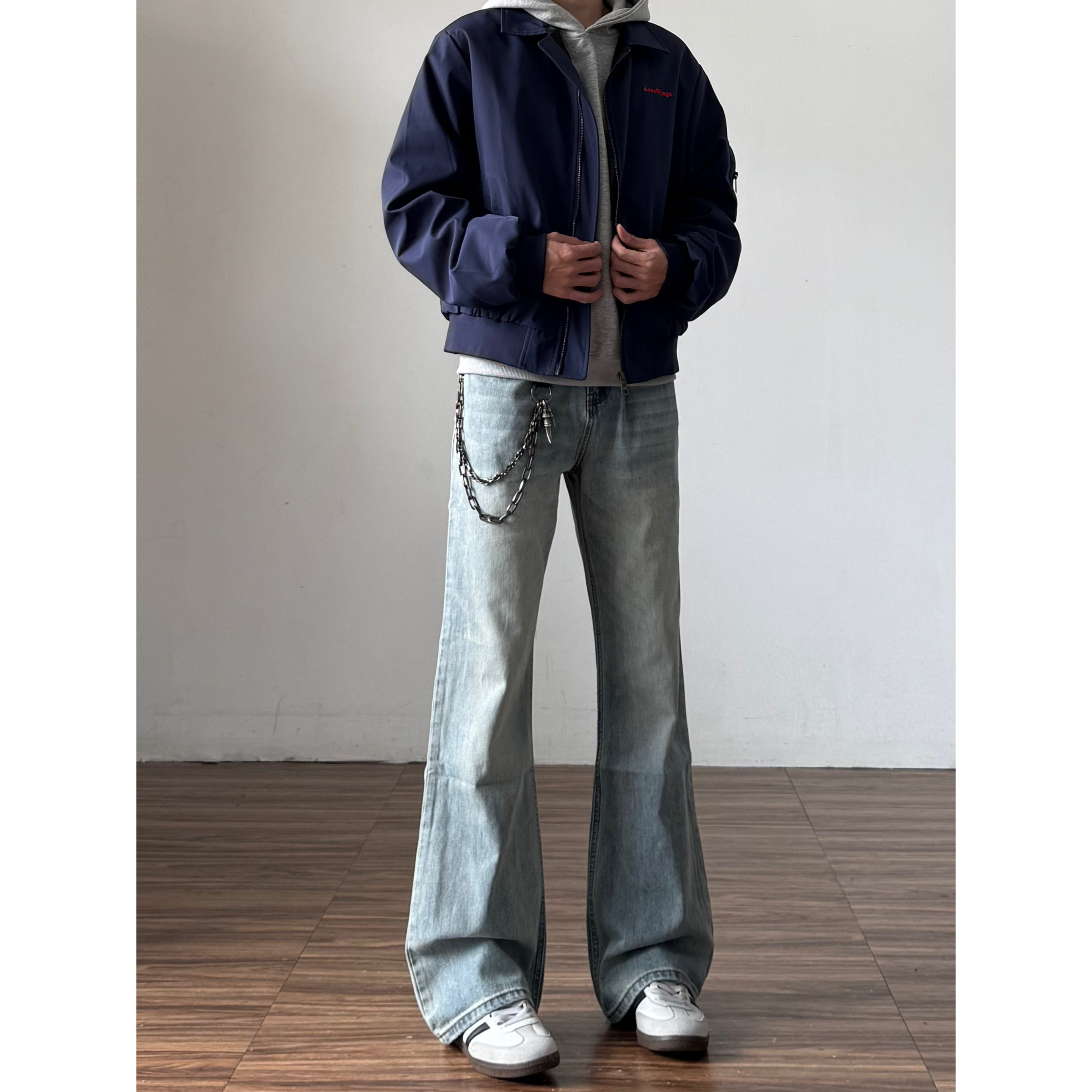 美式高街浅蓝色微喇牛仔裤男cleanfit直筒修身水洗显瘦裤子女夏季