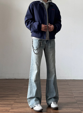 美式高街浅蓝色微喇牛仔裤男cleanfit直筒修身水洗显瘦裤子女秋冬