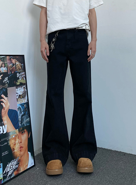 水洗黑色微喇牛仔裤男cleanfit美式高街宽松直筒喇叭裤子长裤秋冬