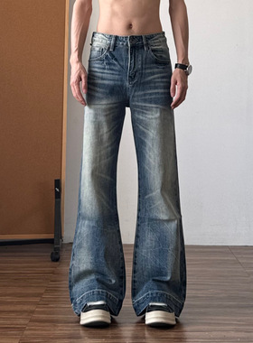 美式复古猫须水洗蓝色微喇牛仔裤男高街cleanfit宽松直筒裤子秋冬