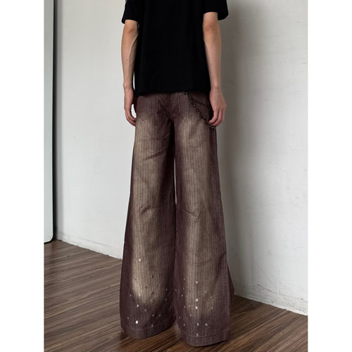 QTstudio美式复古竹节纹铆钉微喇叭工装裤男直筒宽松bf慵懒风裤子