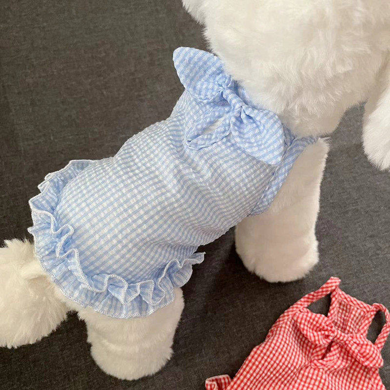 宠物连身裙春季薄款 蓝色格子蝴蝶结狗狗猫咪服装 比熊泰迪犬夏季