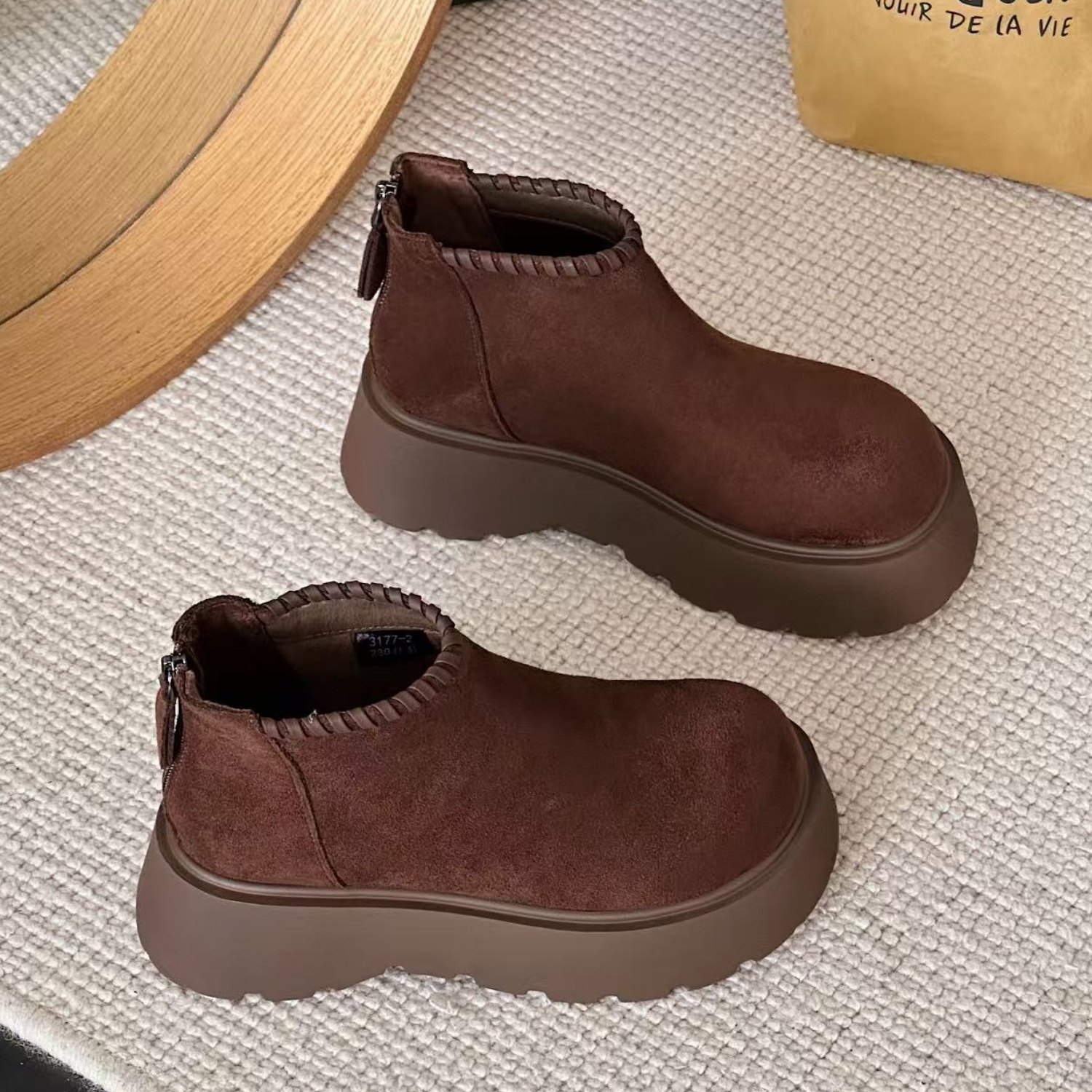 复古简约轻便松糕厚底后拉链短靴