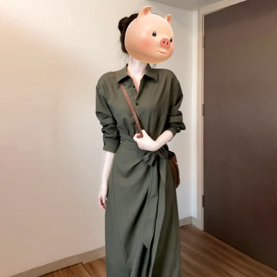 法式高级感绿色长袖衬衫连衣裙子女装2025新款开秋季穿搭收腰