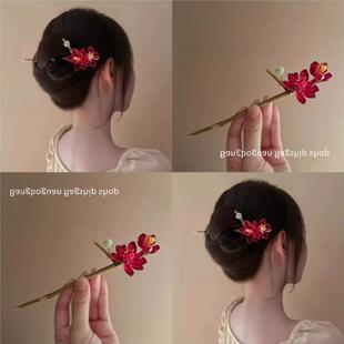 一枝红山茶超仙新中式复古红色花朵发簪木簪小众设计气质盘发钗女