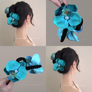 愿闻风祈！超仙蓝蝴蝶兰抓夹高颜值花朵鲨鱼夹盘发器女高级感发夹