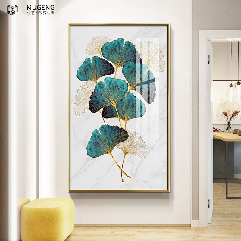 网红现代简约银杏叶玄关装饰画进门入户走廊客厅挂画过道壁画竖版