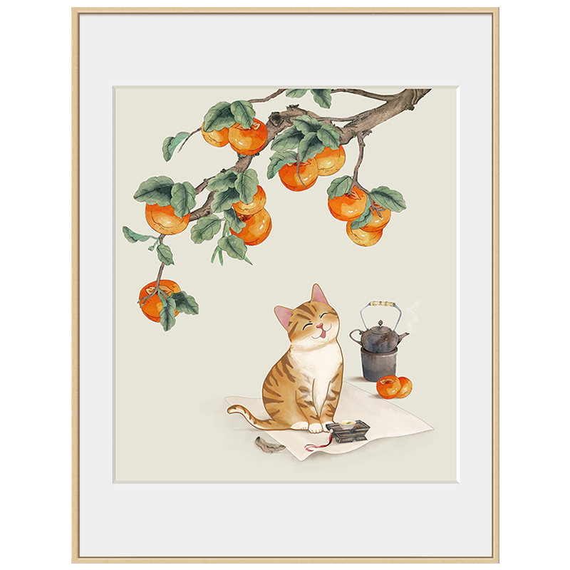网红万柿大桔 新中式餐厅装饰画治愈系桌面摆画壁画茶室日式猫咪