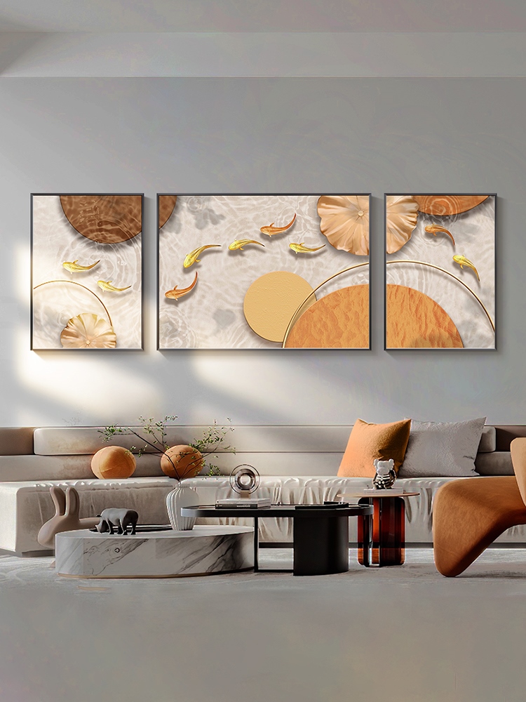 网红九鱼图三联装饰画背景墙轻奢大气沙发客厅挂画现代感寓意