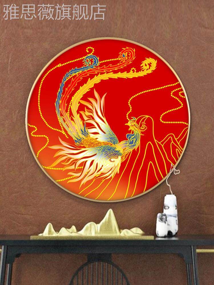 网红凤凰圆厅形的挂画中国风中新式客沙发背景墙装饰画玄关图案壁