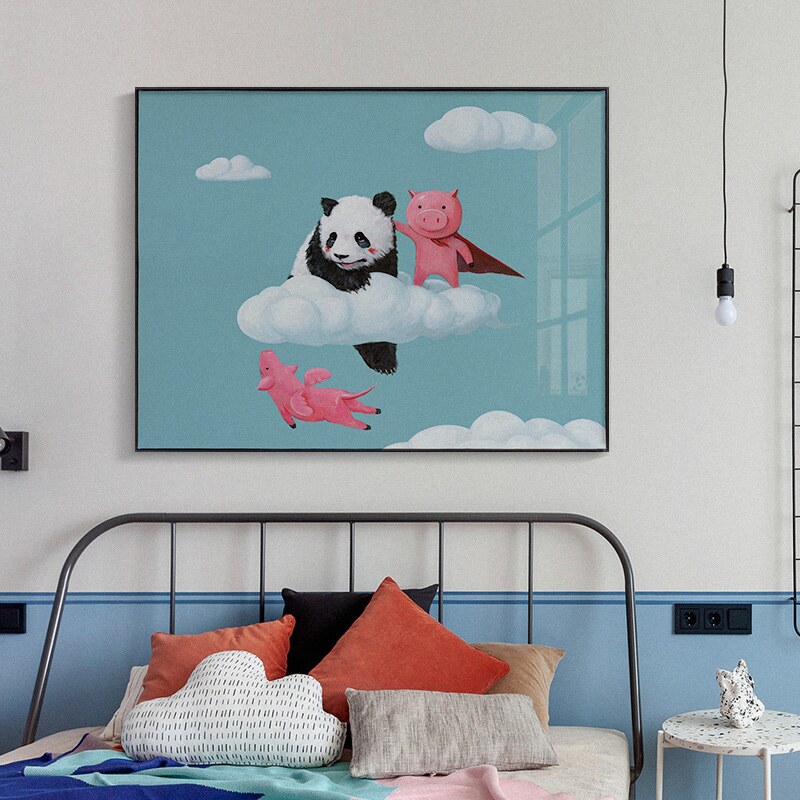 网红可爱儿童房装饰画卧室客厅熊猫壁画艺术挂画现代卡通床头家许