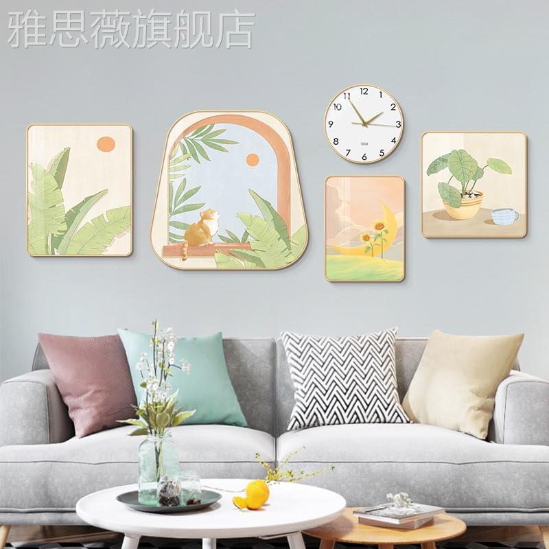 网红北欧客厅装饰画小新组合植物墙猫咪画被背景画沙发清背景挂合图片