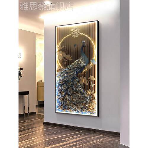 网红中式户入玄关晶孔雀装新饰画声控瓷挂画走廊过道尽头竖壁版画