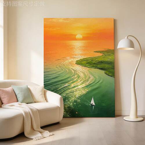 海卞野厅『夕照湾』奶风油风肌理手绘油画客装饰画唯美创意景挂画