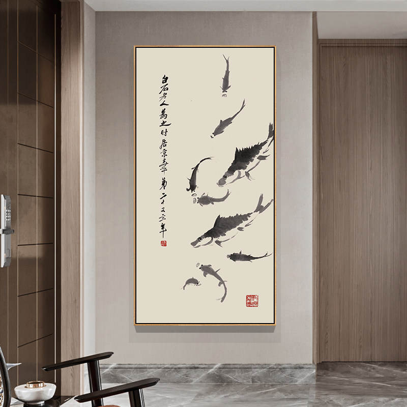网红入户玄关画寓意好的装饰画风水招财水墨九鱼图过道走廊锦鲤挂