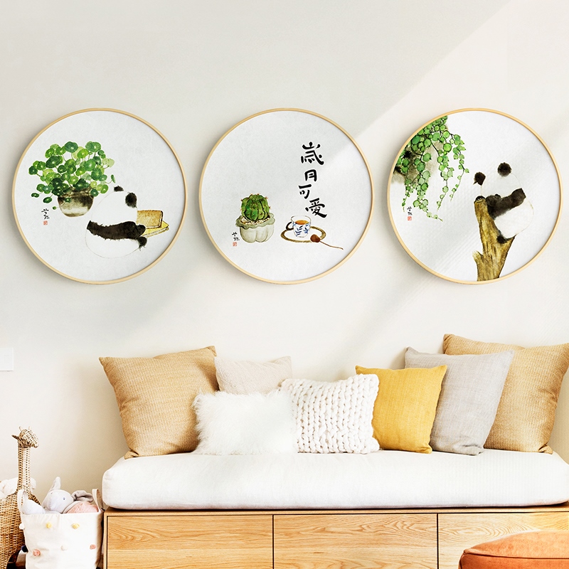 网红熊猫卧室日式画现代简约客厅沙发背景装饰画圆形实木挂画壁画图片