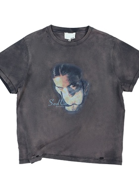 SOD Co. 做旧水洗T恤 “Deftones” 灰紫色人像破坏复古纯棉短袖