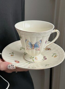 速发Chub 法式复古蝴蝶碎啡瓷午茶杯陶下咖花杯碟套装马克杯