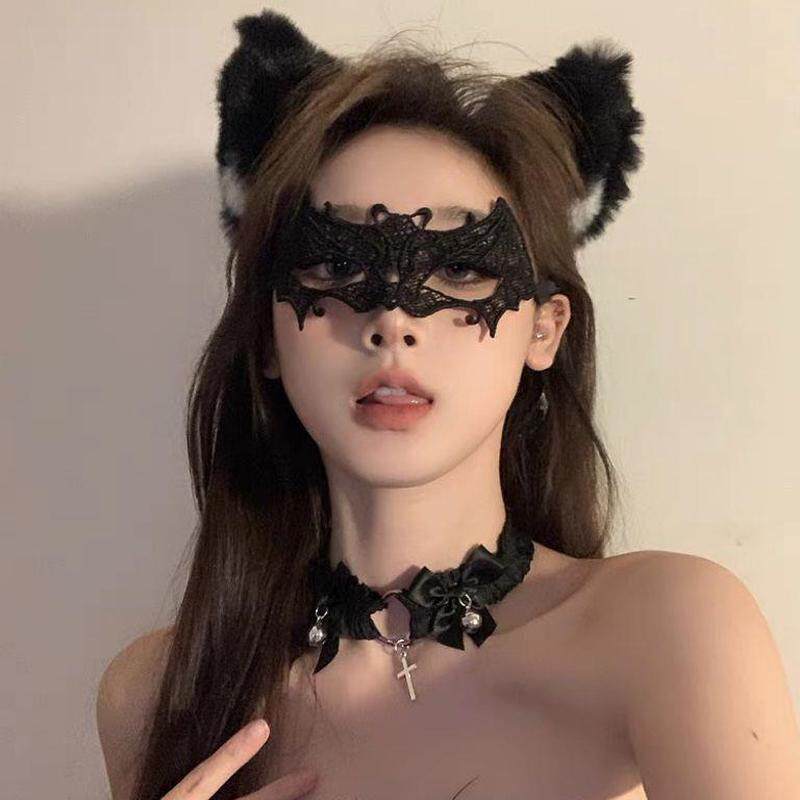 黑色蕾丝性感猫耳朵发箍禁欲系眼罩遮脸网纱万圣节头饰发饰女配饰