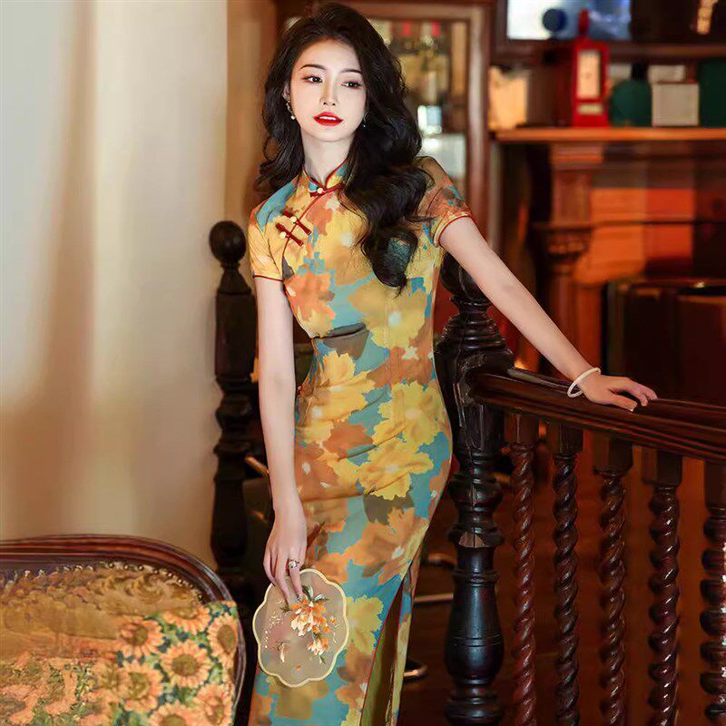 速发绝美改良黄色旗袍裙新款2025老上海中式复古港风大花日常年轻