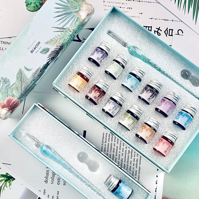 速发水晶笔彩墨金粉钢笔墨盒玻璃笔蘸水笔套装彩色水空礼水染卡沾