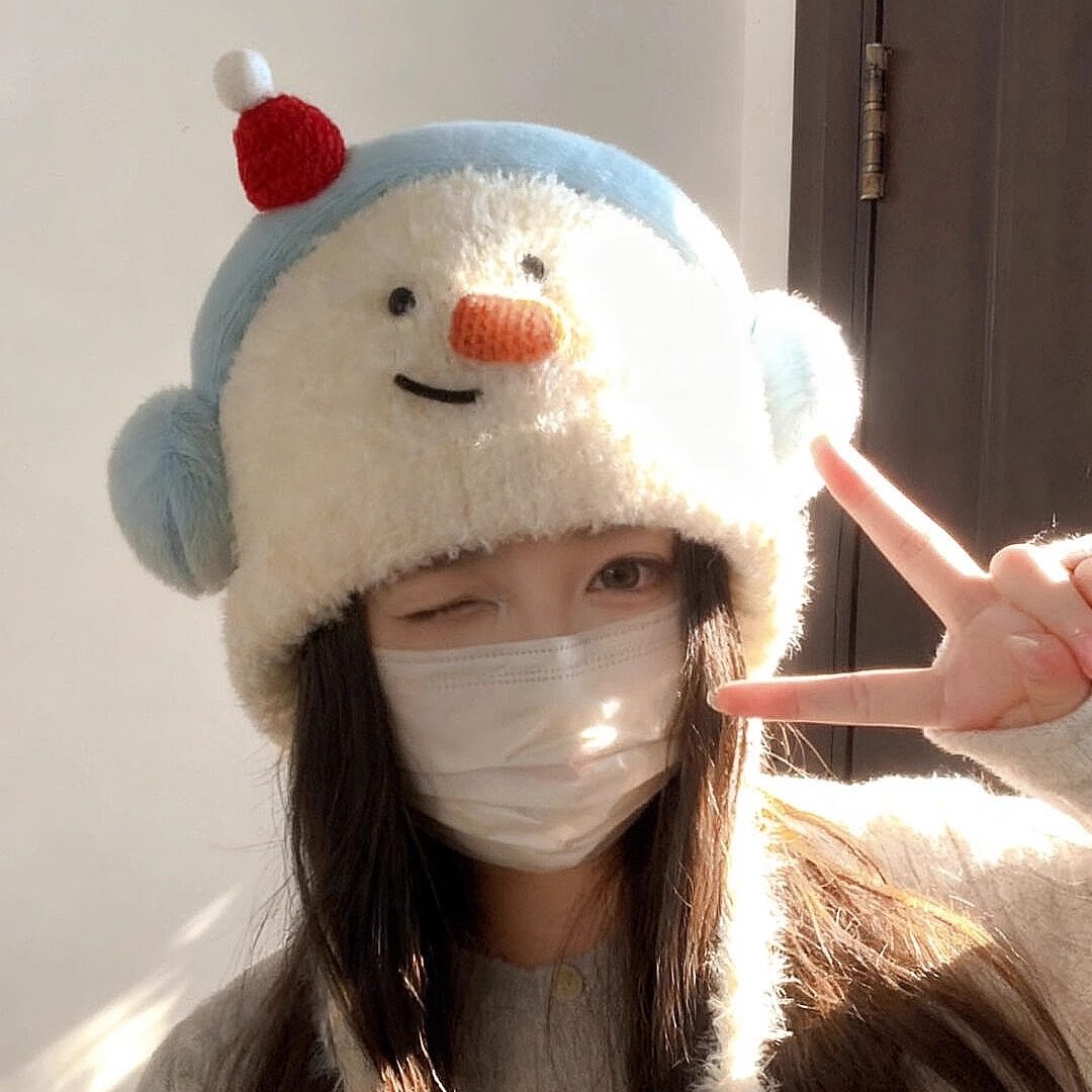 毛绒雪人耳机帽子女冬季防风保暖系带毛线帽大头围成人帽2025新款