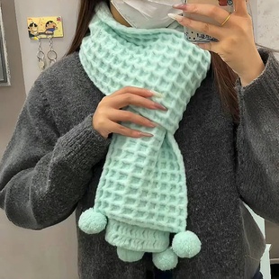 云朵绵绵华夫饼手织围巾diy毛线编织薄荷绿围脖送闺蜜女友男朋友