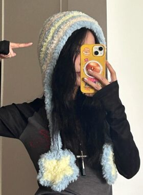 皮草线手工编织拼色星星护耳帽